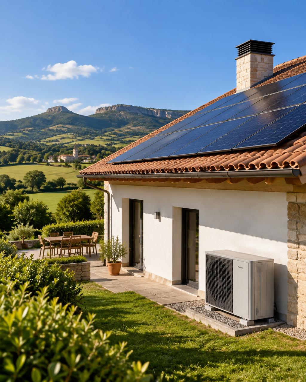 Vivienda del norte de España con paneles solares en el tejado y una unidad de aerotermia